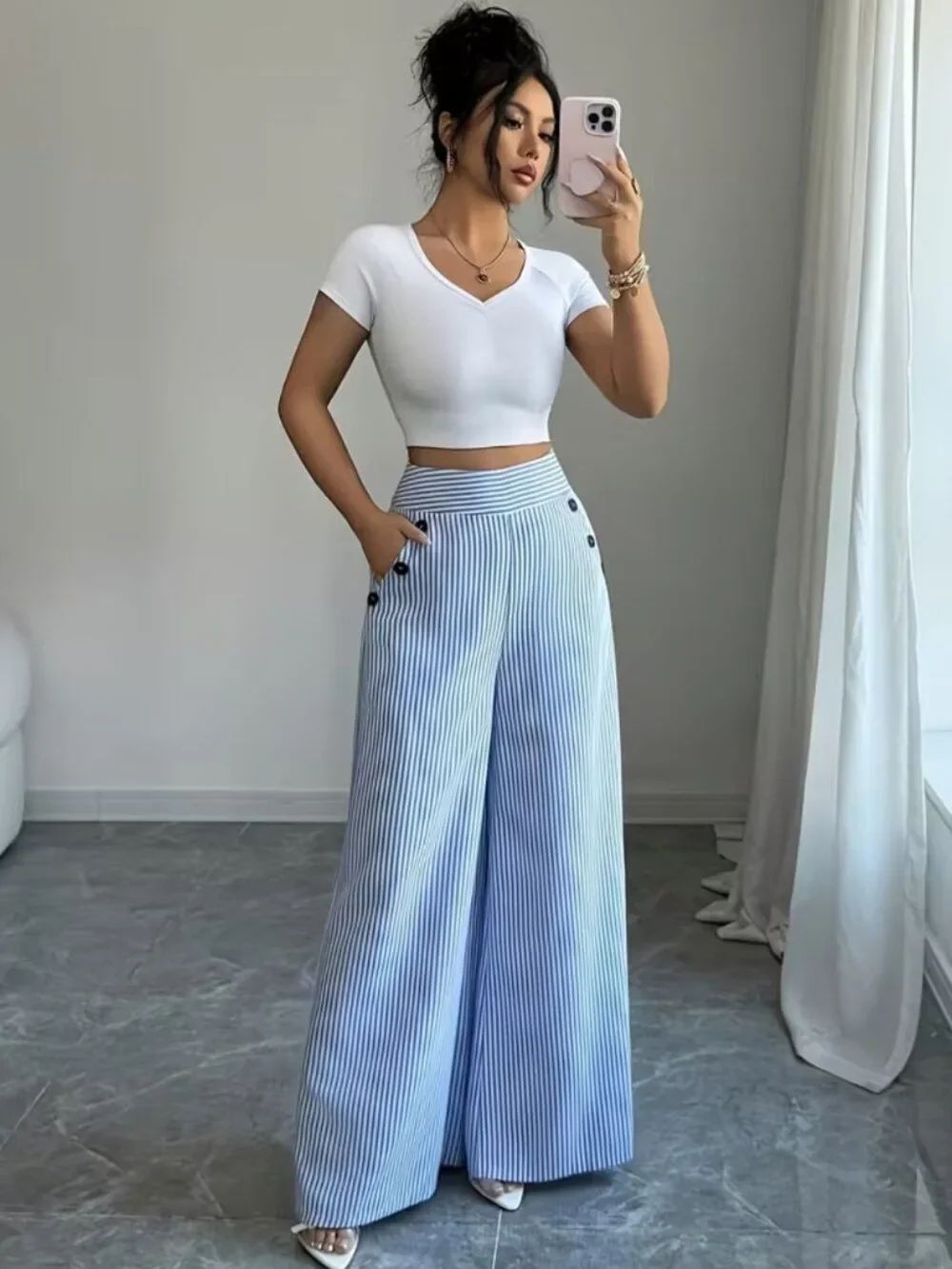 NWT Striped Wide Leg Pants High Waist Nautical Sailor Button Trousers - Picture 8 of 9